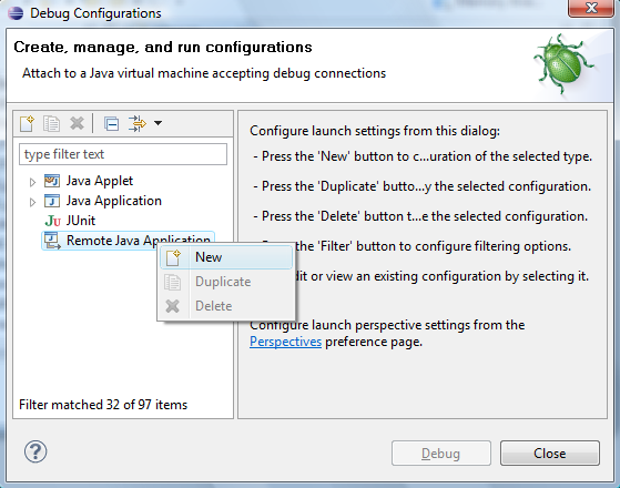 Debug configuration - new configuration