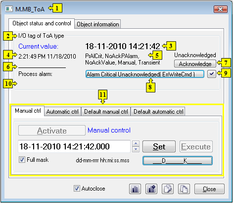 Object status dialog window