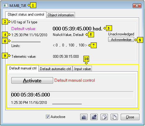 Object status dialog window