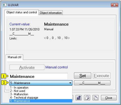 Object status dialog window