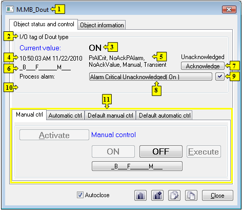 Object status dialog window Object status dialog window