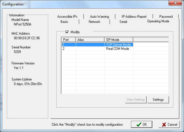 Configuration of ports