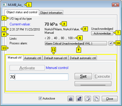 Object status dialog window