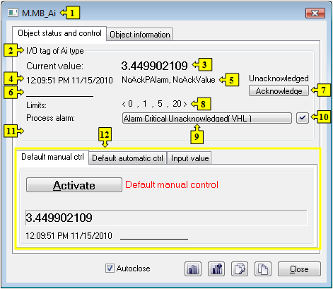 Object status dialog window