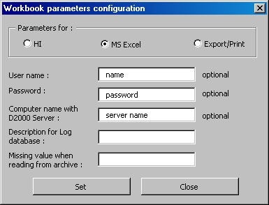 Configuration of workbook parameters Configuration of workbook parameters