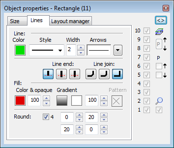 Object properties palette - Lines tab Object properties palette - Lines tab