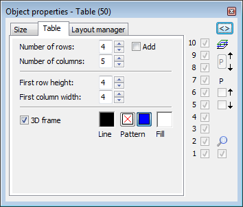 Object properties palette - Table tab Object properties palette - Table tab