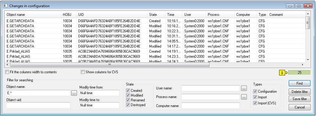List of changes in configuration