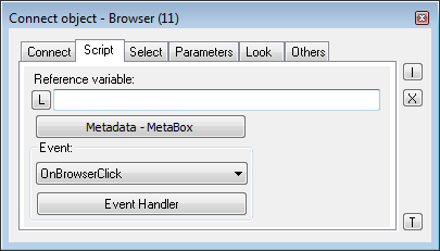 Connect object palette - tab Script