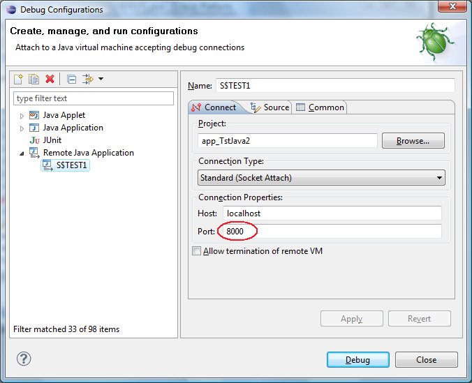 Debug configuration - port number