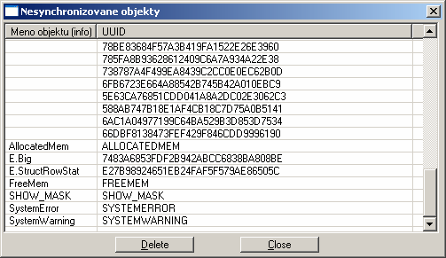 okno Nesynchronizované objekty