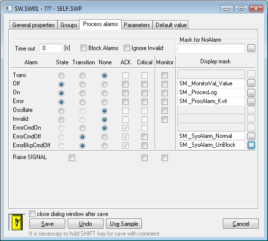 Configuration dialog box of switches - Process alarms tab