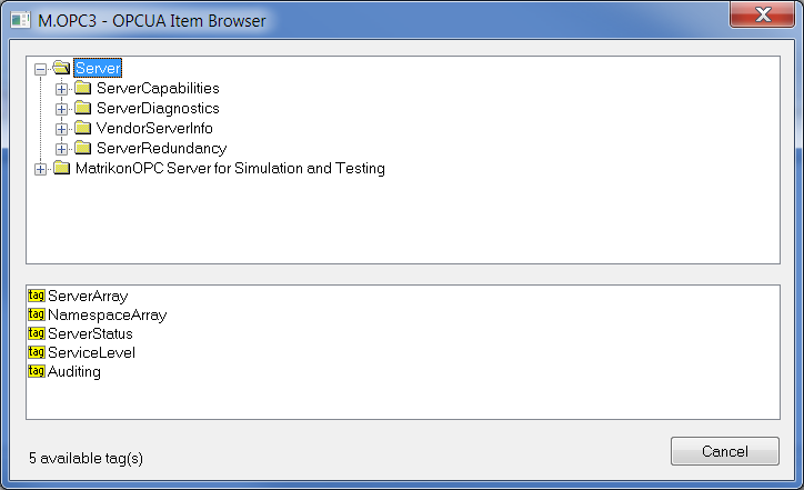 OPC UA browseing dialog window