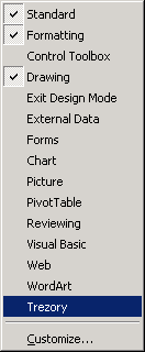 MS Excel - zoznam nástrojových panelov