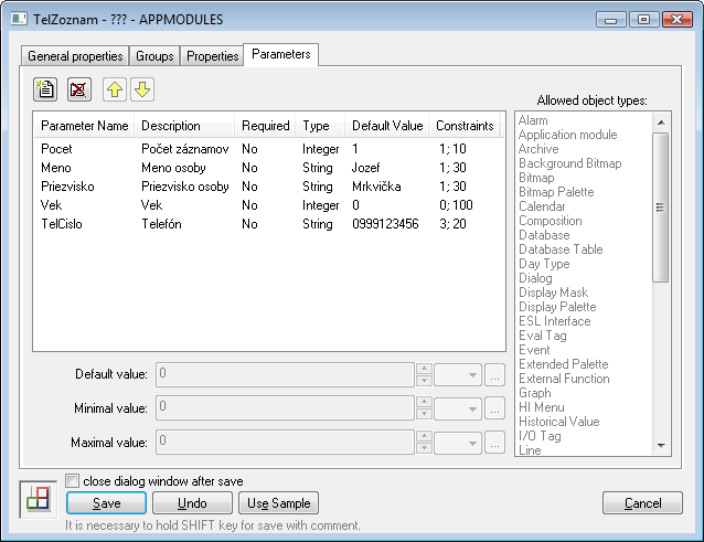 Configuration of app. module - tab Parameters