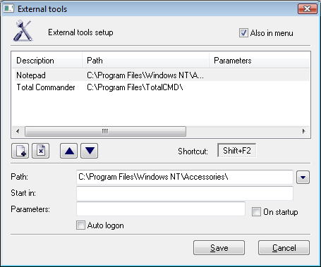 Dialog box for cofiguration of External tools