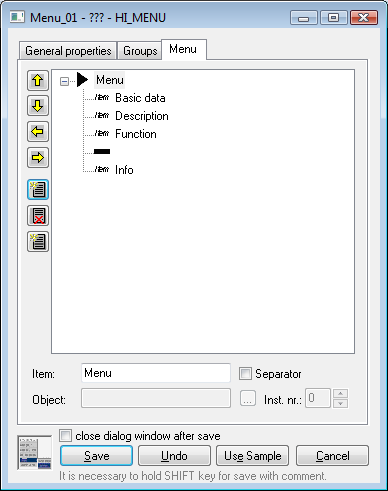 Configuration duialog box of objects of HI menu type