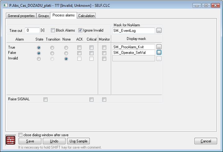 Configuration dialog box of Eval tags - Process alatms tab